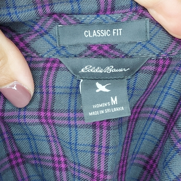 Eddie Bauer flannel shirt button up long sleeve plaid gray purple magenta pink M - Picture 5 of 8